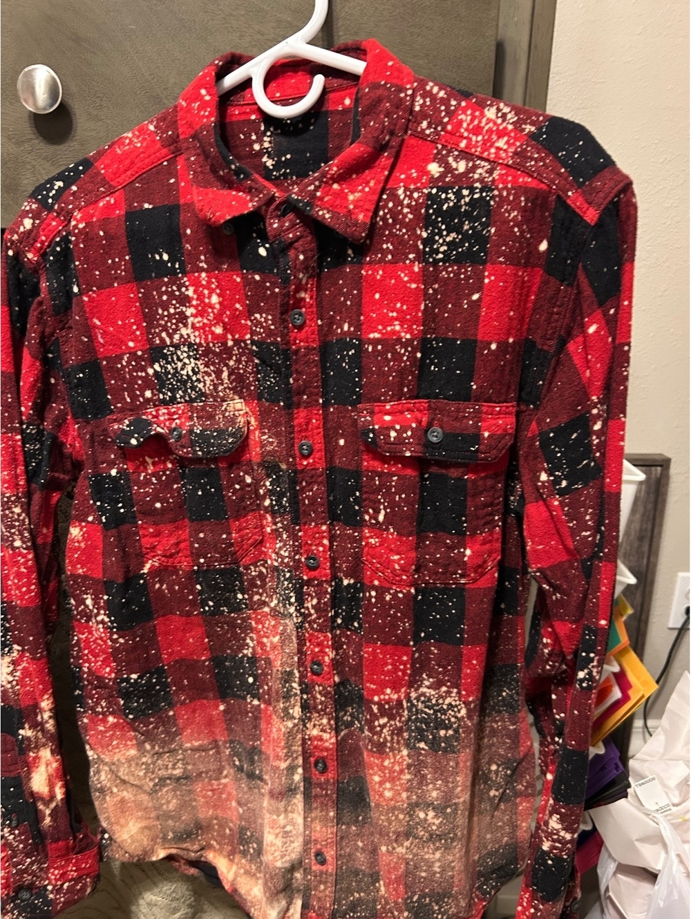 Women’s XL Red Black Buffalo Plaid Bleached Distressed Flannel Shirt